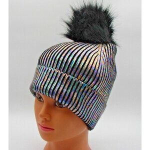 Steve Madden Monochromatic Metallic Pom Pom Beanie Hat One Size Winter Warm OSFM
